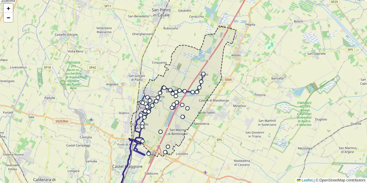 Mappa dettagliata del trasporto pubblico a Bentivoglio con linee autobus, tram e collegamenti