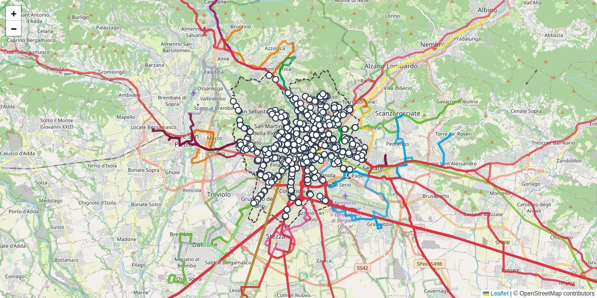 Mappa dettagliata del trasporto pubblico a Bergamo con linee autobus, tram e collegamenti