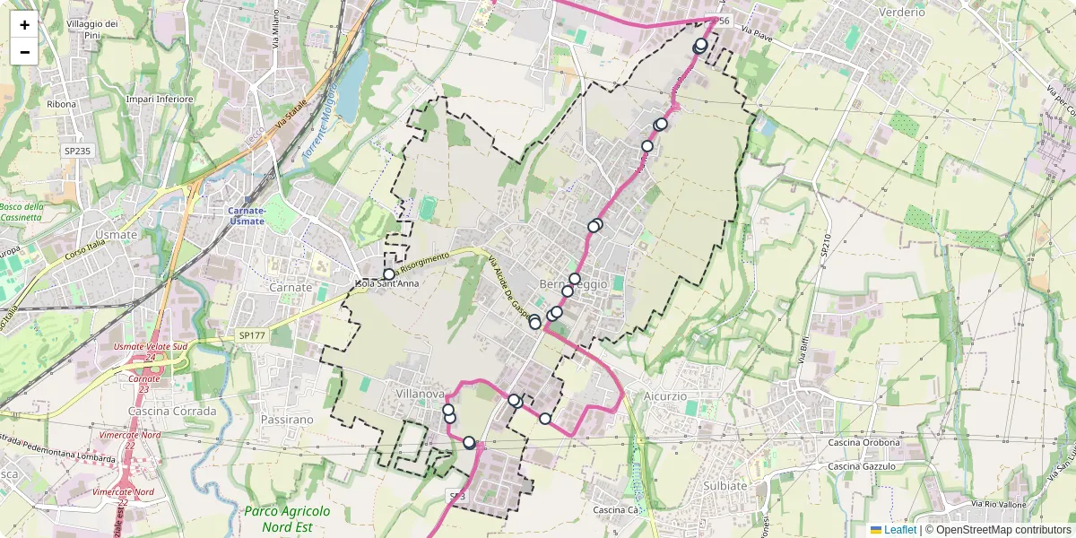 Mappa dettagliata del trasporto pubblico a Bernareggio con linee autobus, tram e collegamenti