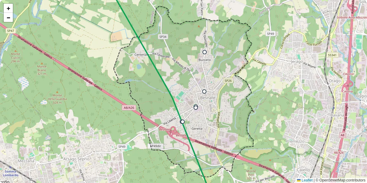 Mappa dettagliata del trasporto pubblico a Besnate con linee autobus, tram e collegamenti