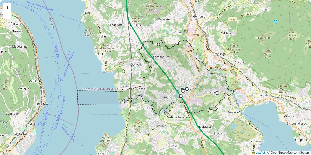 Mappa dettagliata del trasporto pubblico a Besozzo con linee autobus, tram e collegamenti