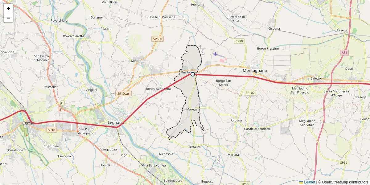 Mappa dettagliata del trasporto pubblico a Bevilacqua con linee autobus, tram e collegamenti