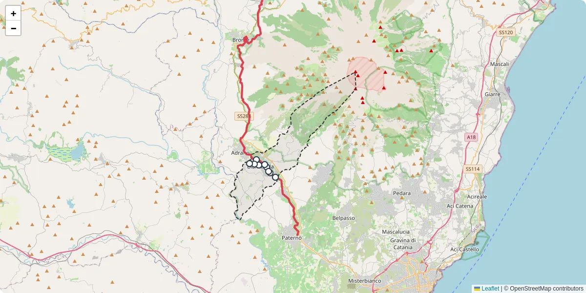 Mappa dettagliata del trasporto pubblico a Biancavilla con linee autobus, tram e collegamenti