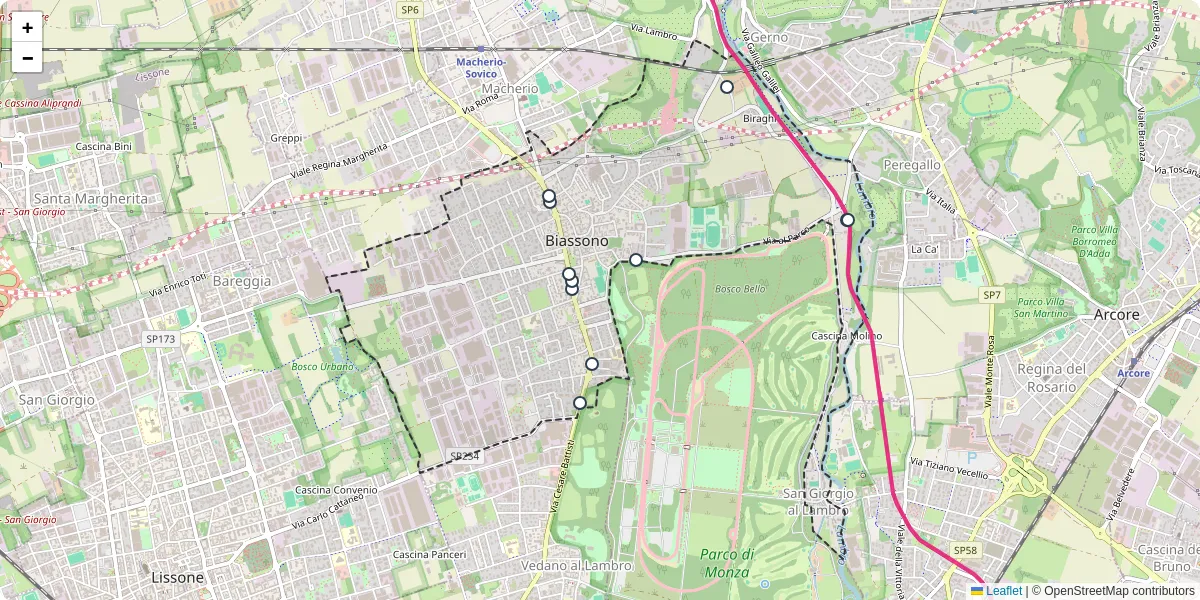 Mappa dettagliata del trasporto pubblico a Biassono con linee autobus, tram e collegamenti