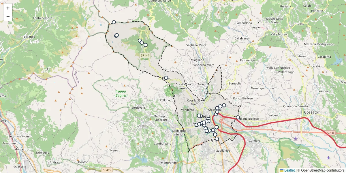 Mappa dettagliata del trasporto pubblico a Biella con linee autobus, tram e collegamenti