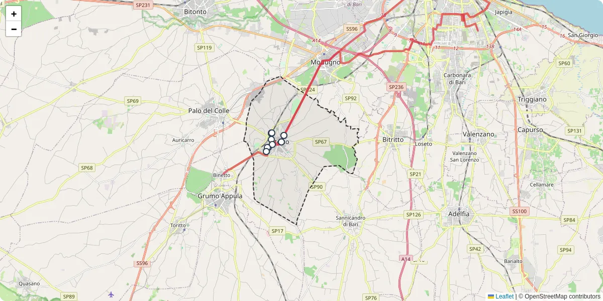 Mappa dettagliata del trasporto pubblico a Bitetto con linee autobus, tram e collegamenti