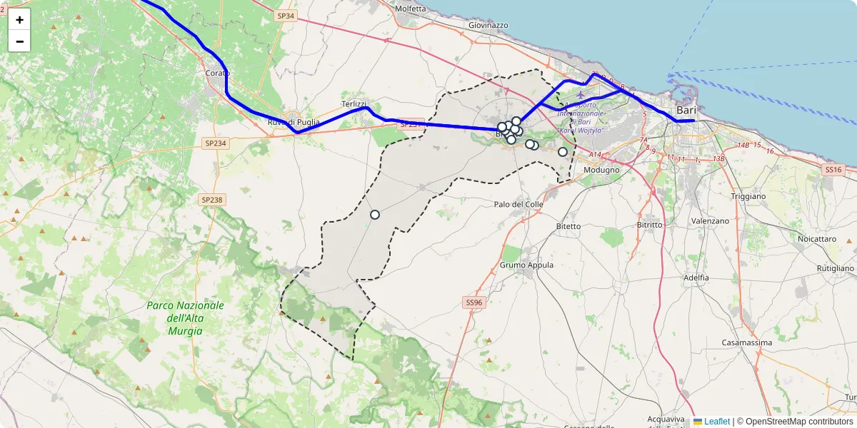 Mappa dettagliata del trasporto pubblico a Bitonto con linee autobus, tram e collegamenti