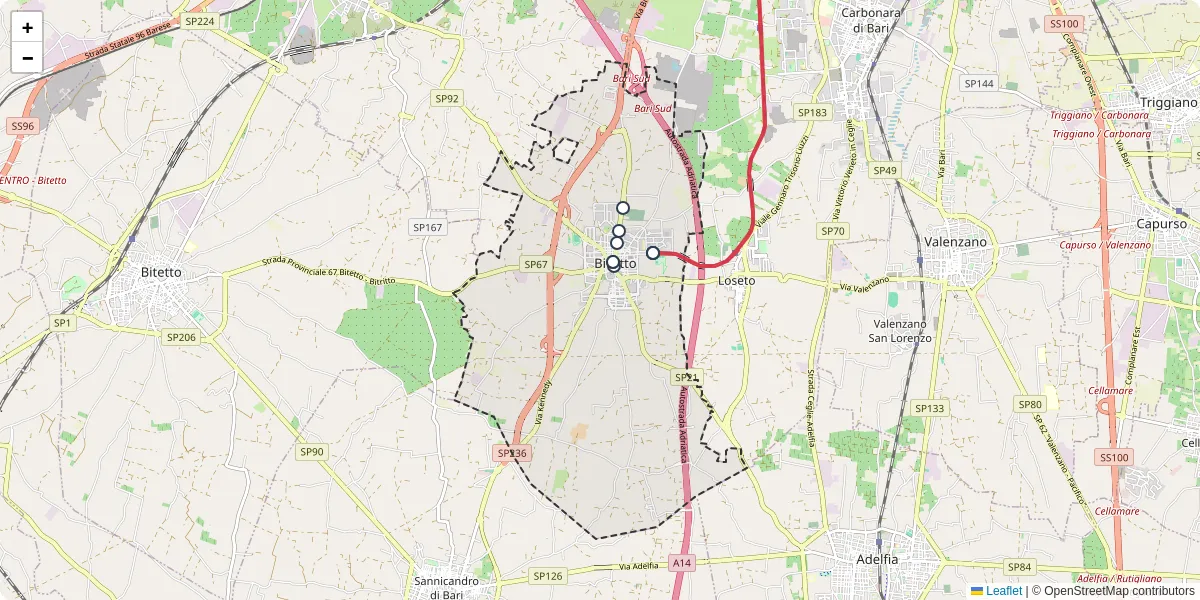 Mappa dettagliata del trasporto pubblico a Bitritto con linee autobus, tram e collegamenti