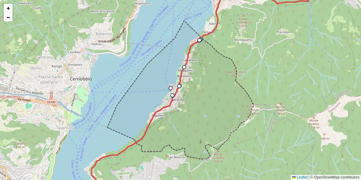 Mappa dettagliata del trasporto pubblico a Blevio con linee autobus, tram e collegamenti