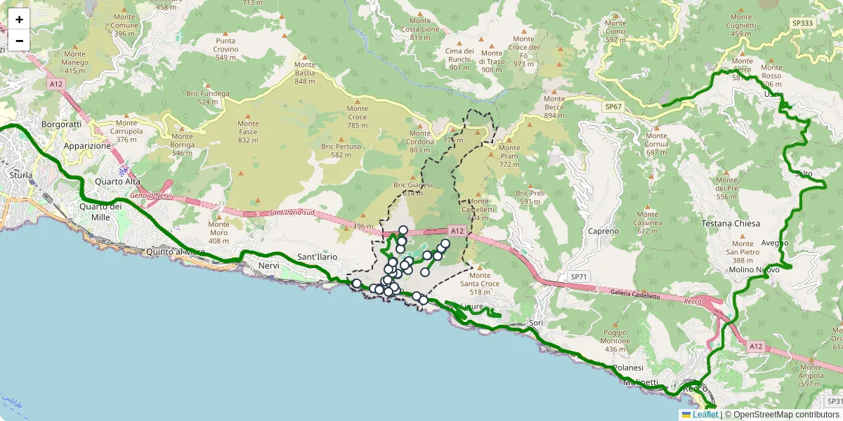 Mappa dettagliata del trasporto pubblico a Bogliasco con linee autobus, tram e collegamenti