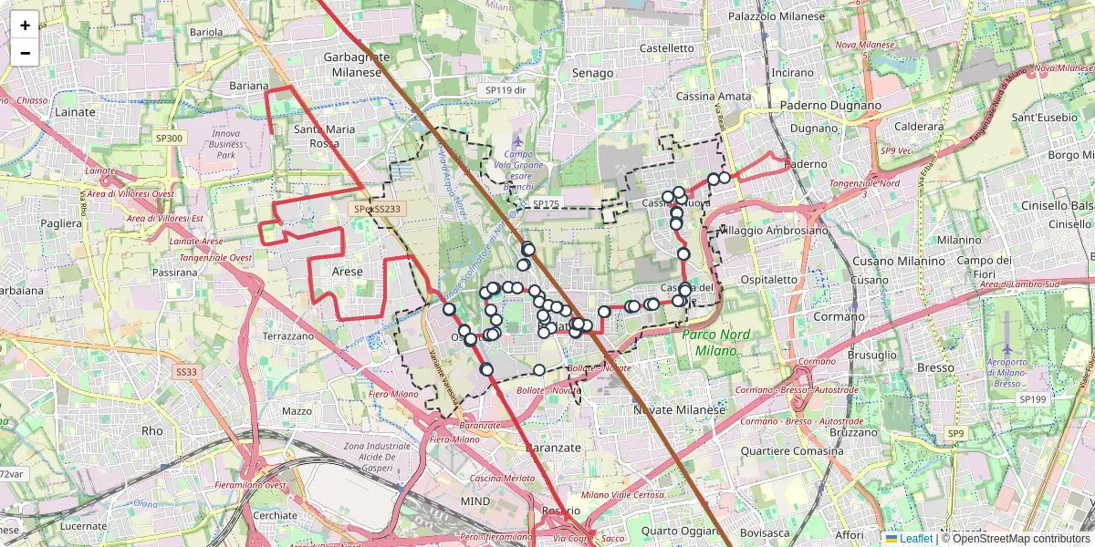 Mappa dettagliata del trasporto pubblico a Bollate con linee autobus, tram e collegamenti