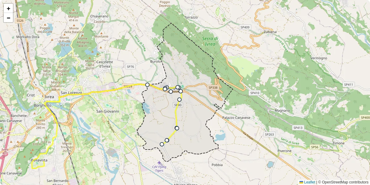 Mappa dettagliata del trasporto pubblico a Bollengo con linee autobus, tram e collegamenti