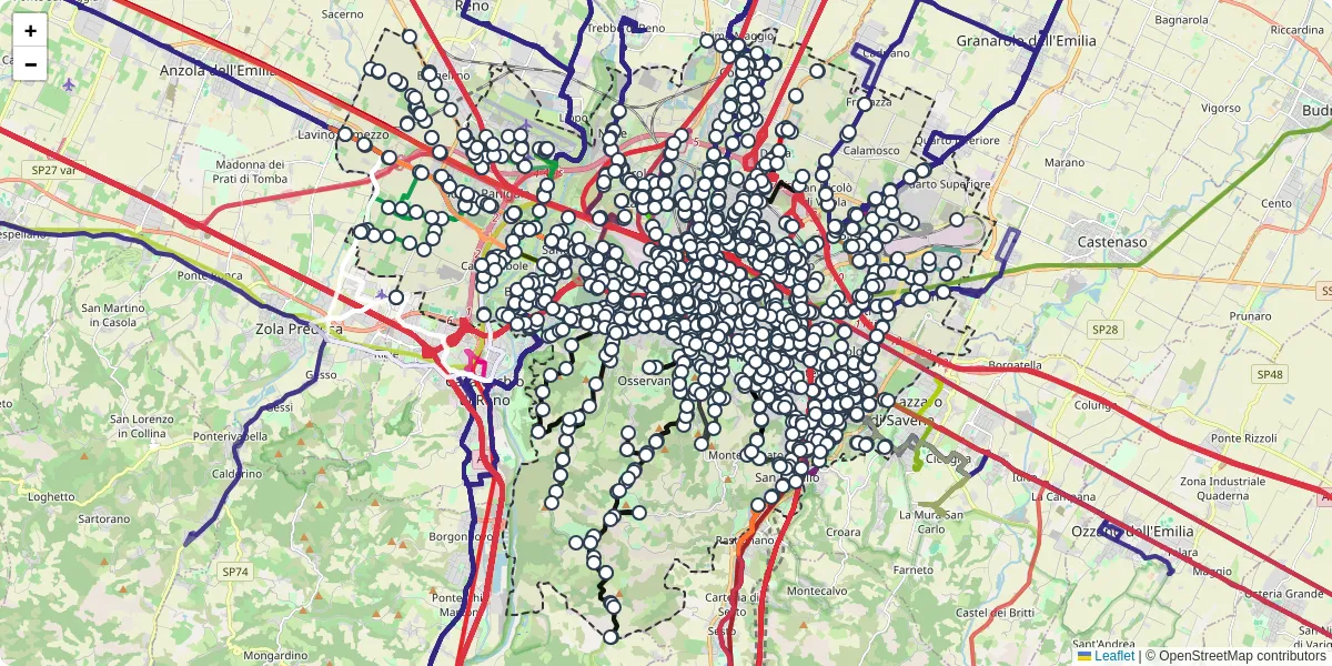 Mappa dettagliata del trasporto pubblico a Bologna con linee autobus, tram e collegamenti