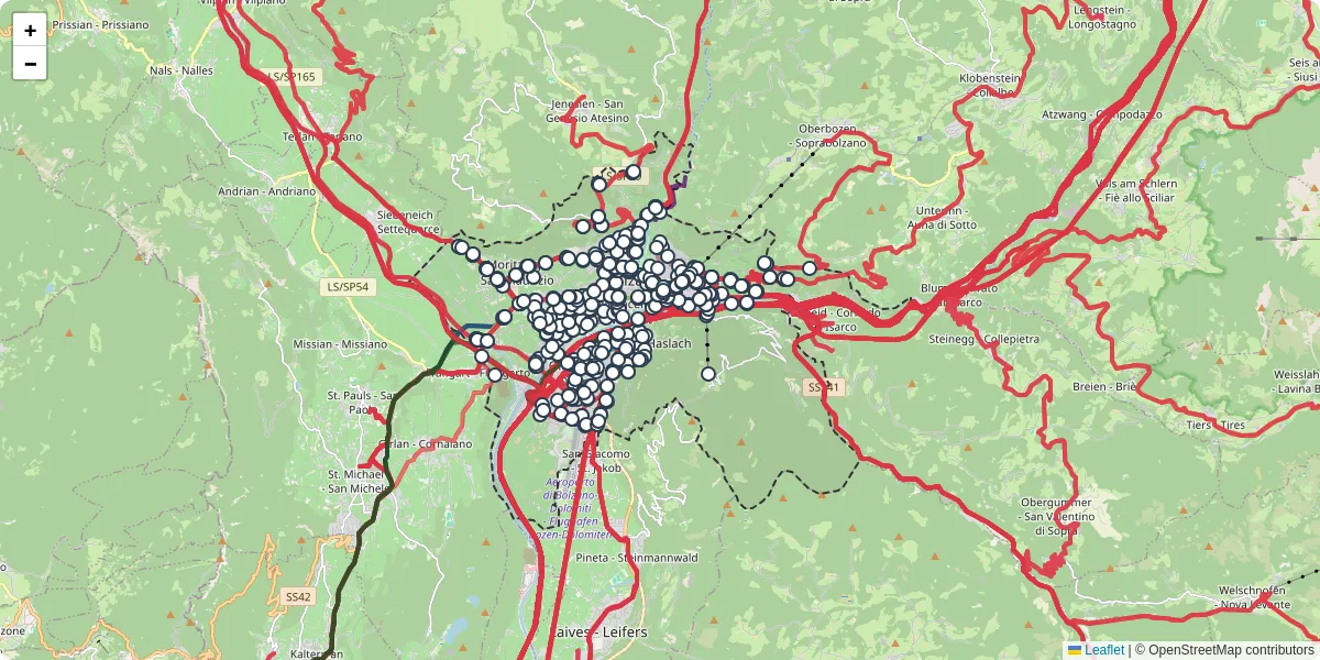 Mappa dettagliata del trasporto pubblico a Bolzano - Bozen con linee autobus, tram e collegamenti