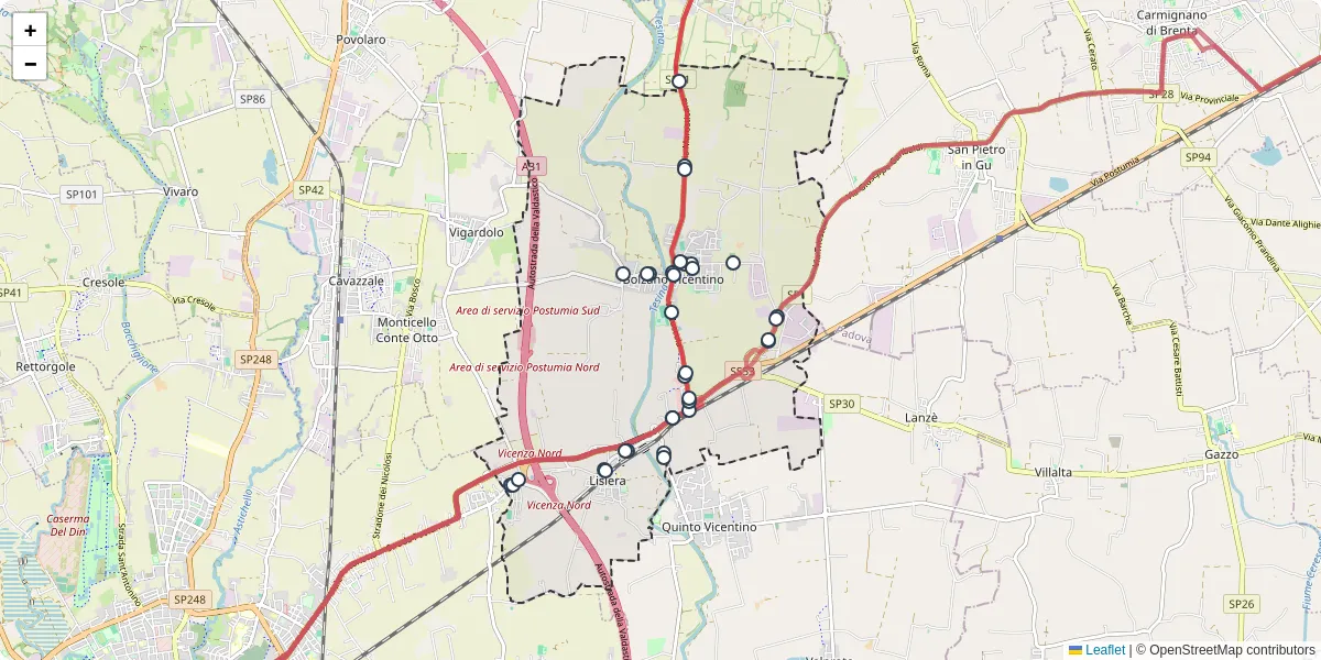 Mappa dettagliata del trasporto pubblico a Bolzano Vicentino con linee autobus, tram e collegamenti
