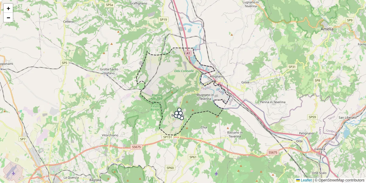 Mappa dettagliata del trasporto pubblico a Bomarzo con linee autobus, tram e collegamenti