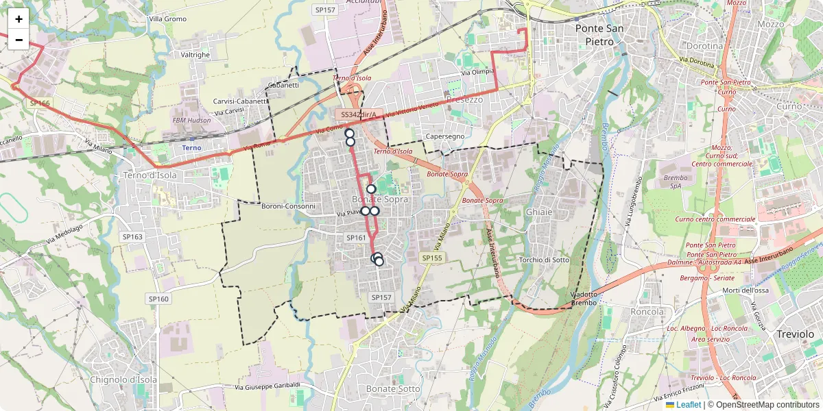 Mappa dettagliata del trasporto pubblico a Bonate Sopra con linee autobus, tram e collegamenti