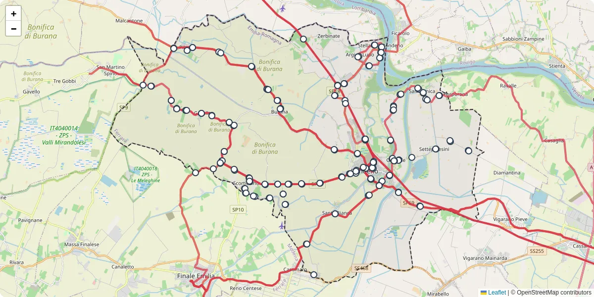 Mappa dettagliata del trasporto pubblico a Bondeno con linee autobus, tram e collegamenti
