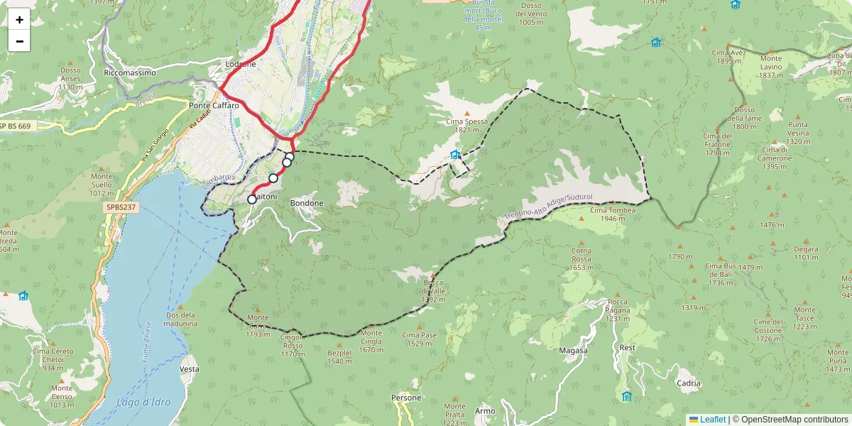 Mappa dettagliata del trasporto pubblico a Bondone con linee autobus, tram e collegamenti