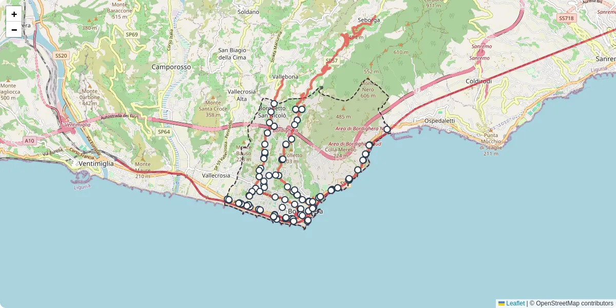 Mappa dettagliata del trasporto pubblico a Bordighera con linee autobus, tram e collegamenti