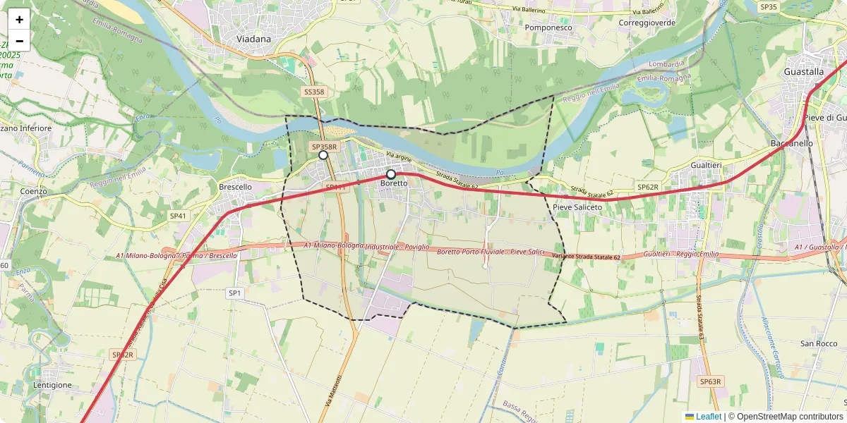 Mappa dettagliata del trasporto pubblico a Boretto con linee autobus, tram e collegamenti