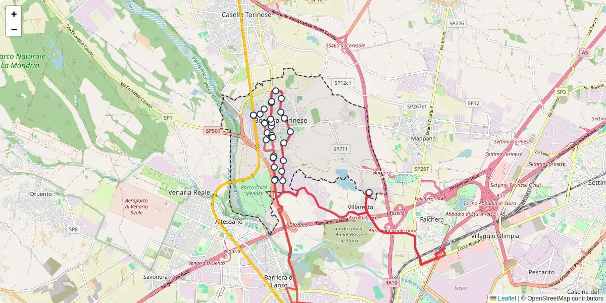 Mappa dettagliata del trasporto pubblico a Borgaro Torinese con linee autobus, tram e collegamenti