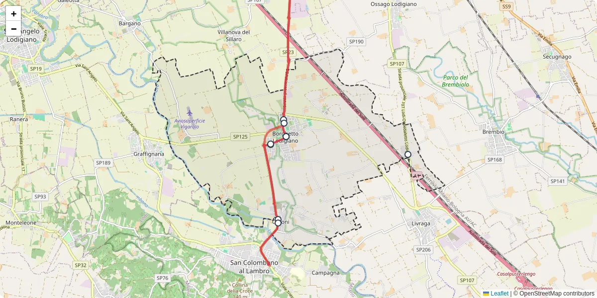 Mappa dettagliata del trasporto pubblico a Borghetto Lodigiano con linee autobus, tram e collegamenti