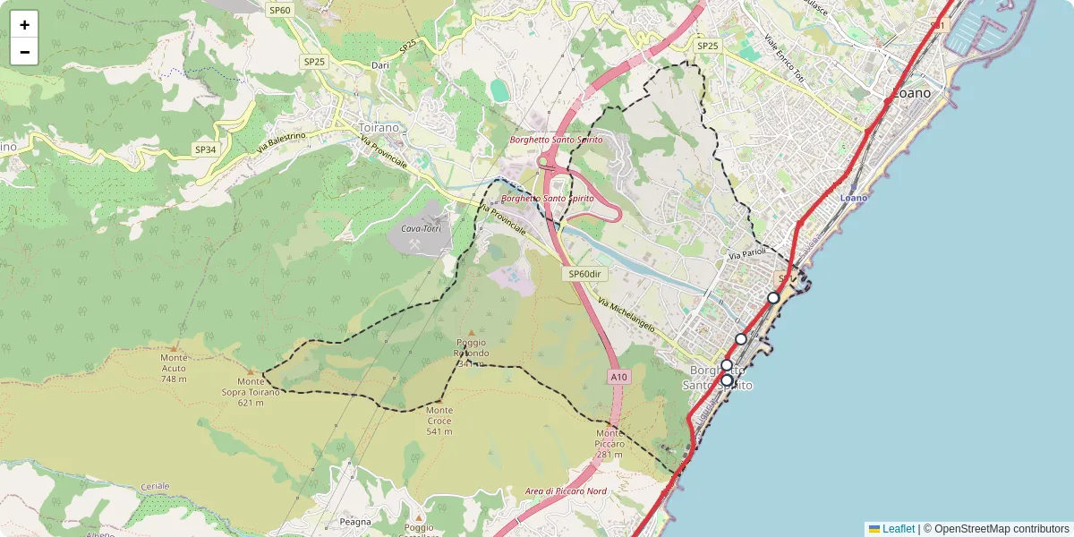 Mappa dettagliata del trasporto pubblico a Borghetto Santo Spirito con linee autobus, tram e collegamenti