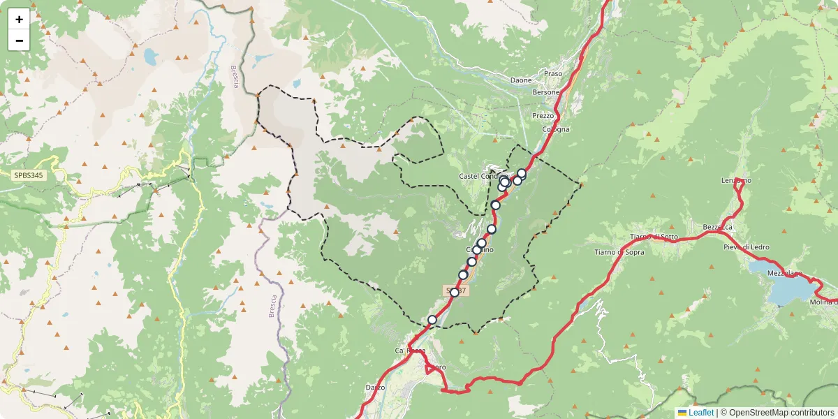 Mappa dettagliata del trasporto pubblico a Borgo Chiese con linee autobus, tram e collegamenti
