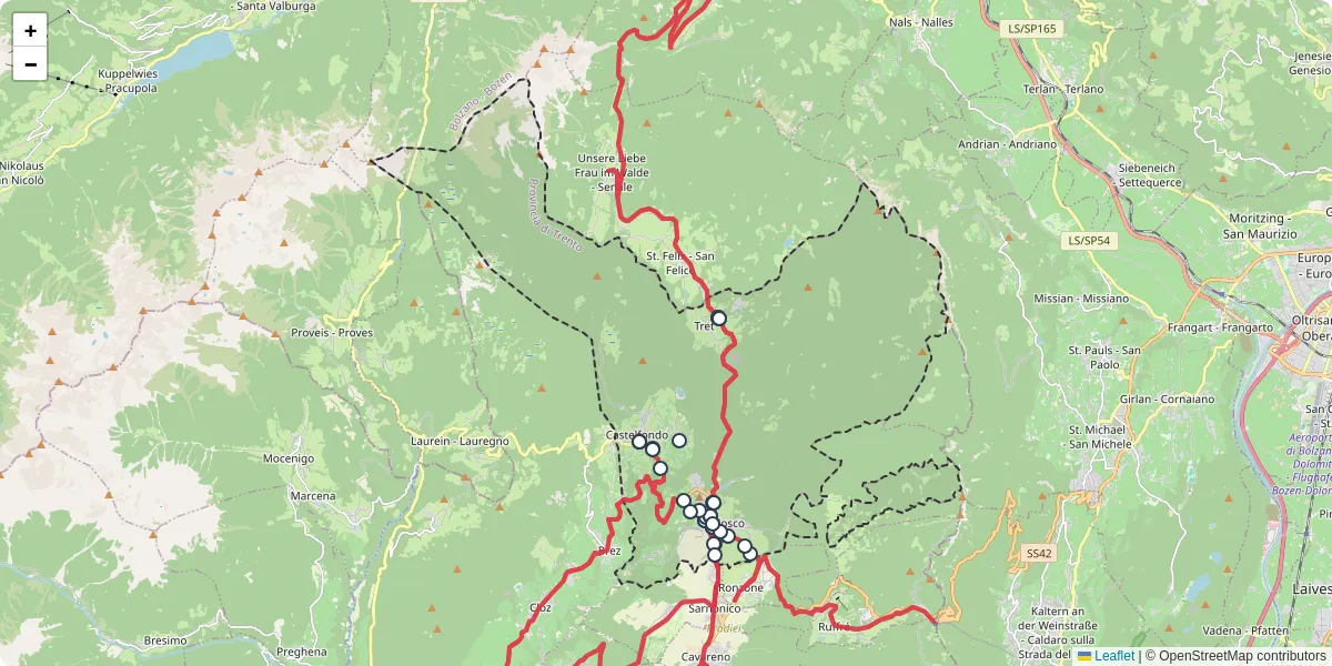 Mappa dettagliata del trasporto pubblico a Borgo d'Anaunia con linee autobus, tram e collegamenti