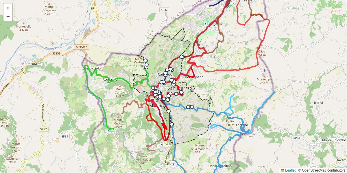 Mappa dettagliata del trasporto pubblico a Borgo Maggiore con linee autobus, tram e collegamenti
