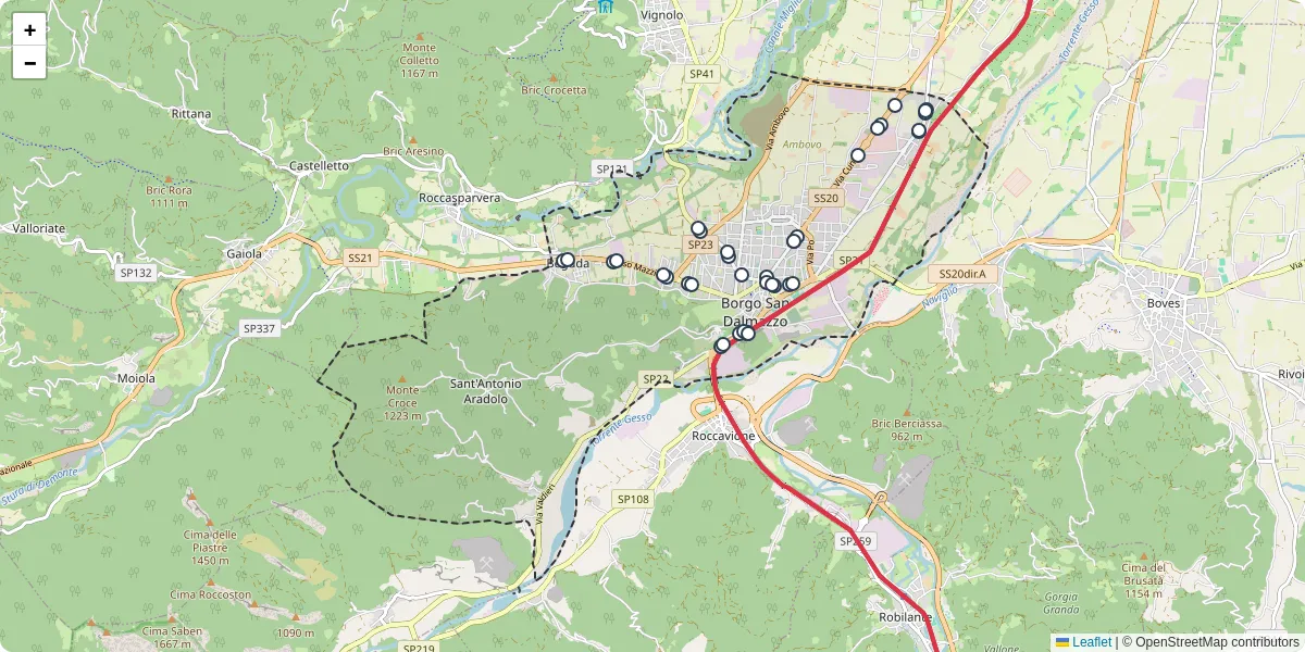 Mappa dettagliata del trasporto pubblico a Borgo San Dalmazzo con linee autobus, tram e collegamenti