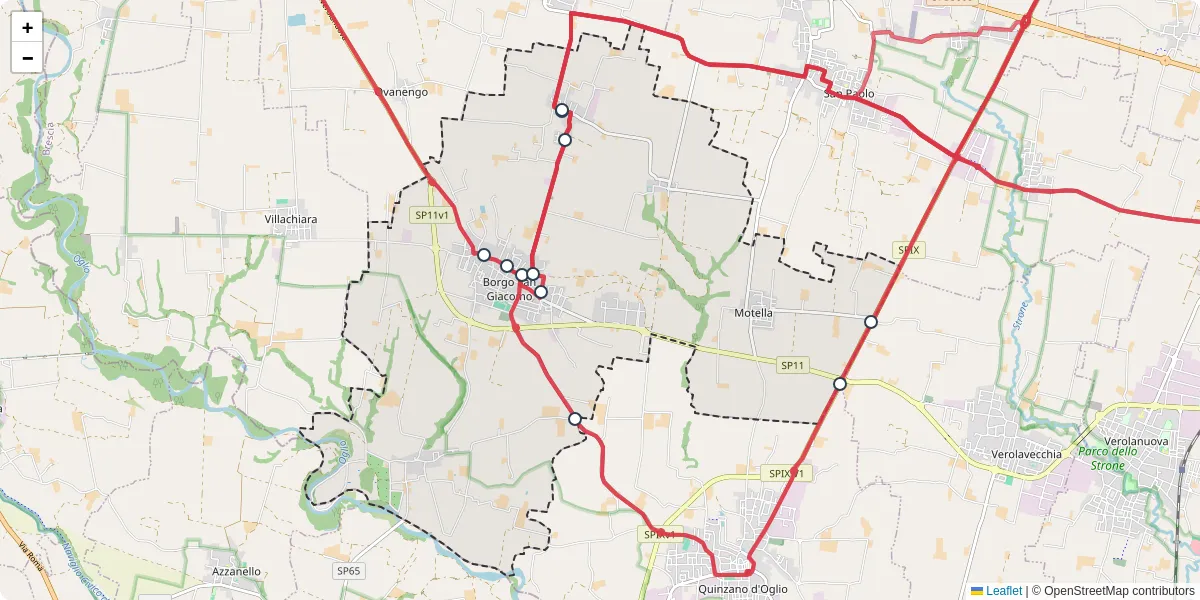 Mappa dettagliata del trasporto pubblico a Borgo San Giacomo con linee autobus, tram e collegamenti