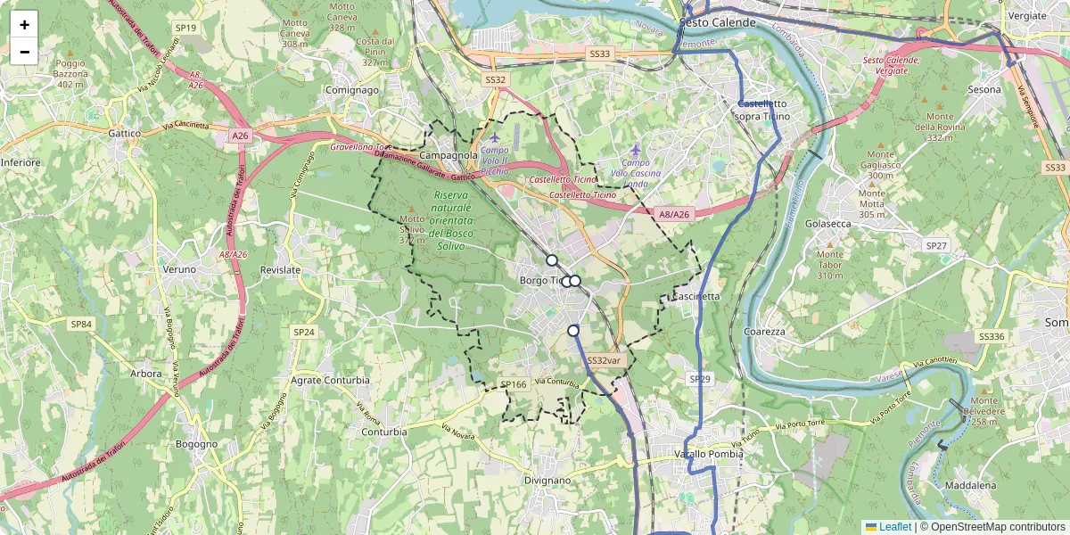 Mappa dettagliata del trasporto pubblico a Borgo Ticino con linee autobus, tram e collegamenti
