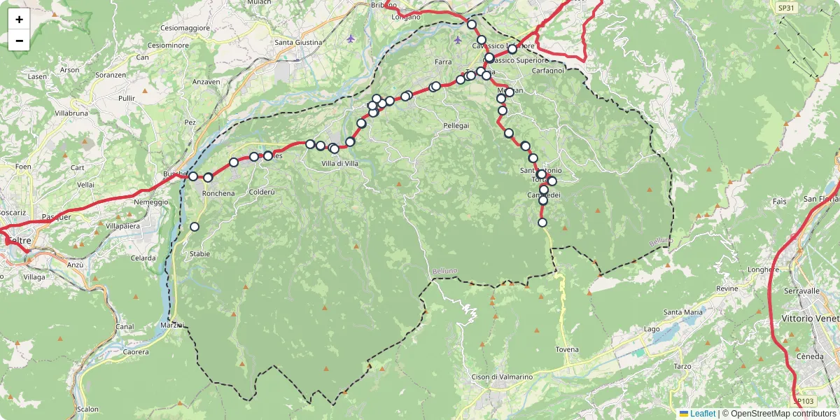 Mappa dettagliata del trasporto pubblico a Borgo Valbelluna con linee autobus, tram e collegamenti