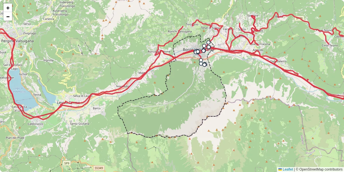 Mappa dettagliata del trasporto pubblico a Borgo Valsugana con linee autobus, tram e collegamenti