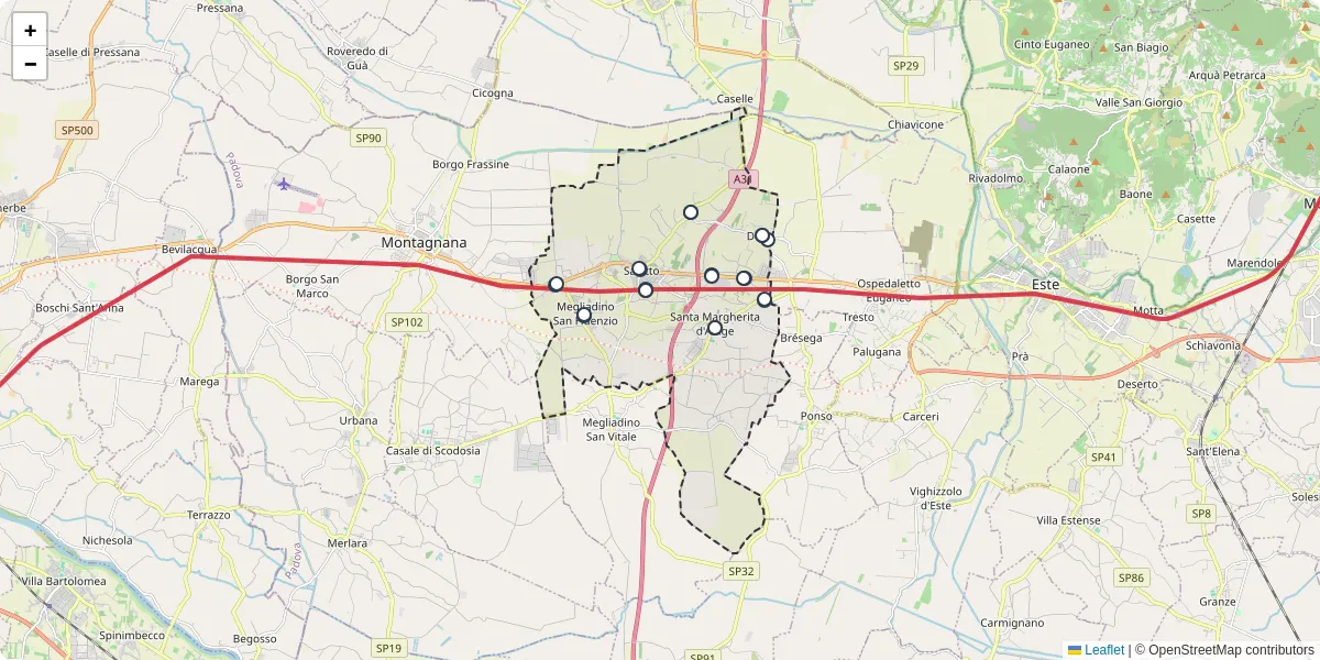 Mappa dettagliata del trasporto pubblico a Borgo Veneto con linee autobus, tram e collegamenti