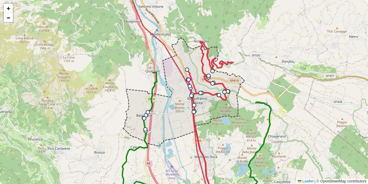 Mappa dettagliata del trasporto pubblico a Borgofranco d'Ivrea con linee autobus, tram e collegamenti