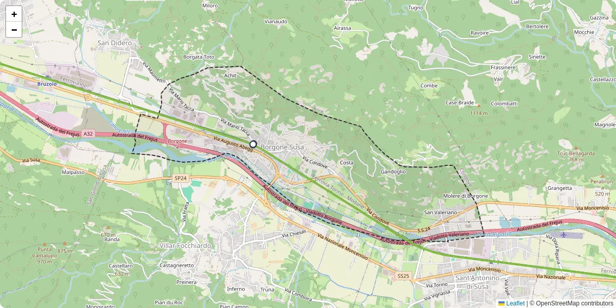 Mappa dettagliata del trasporto pubblico a Borgone Susa con linee autobus, tram e collegamenti