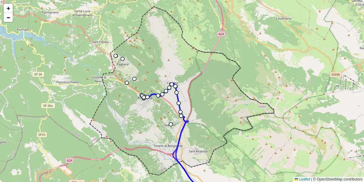 Mappa dettagliata del trasporto pubblico a Borgorose con linee autobus, tram e collegamenti