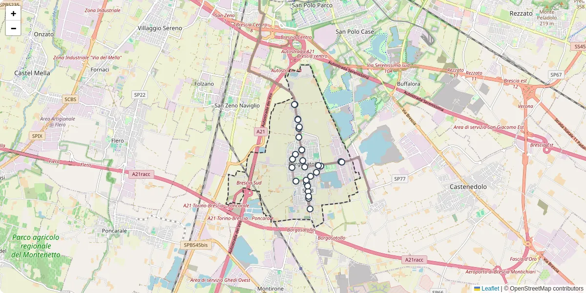 Mappa dettagliata del trasporto pubblico a Borgosatollo con linee autobus, tram e collegamenti