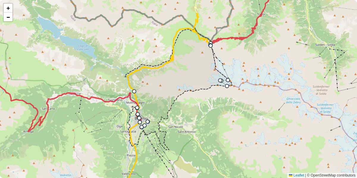 Mappa dettagliata del trasporto pubblico a Bormio con linee autobus, tram e collegamenti