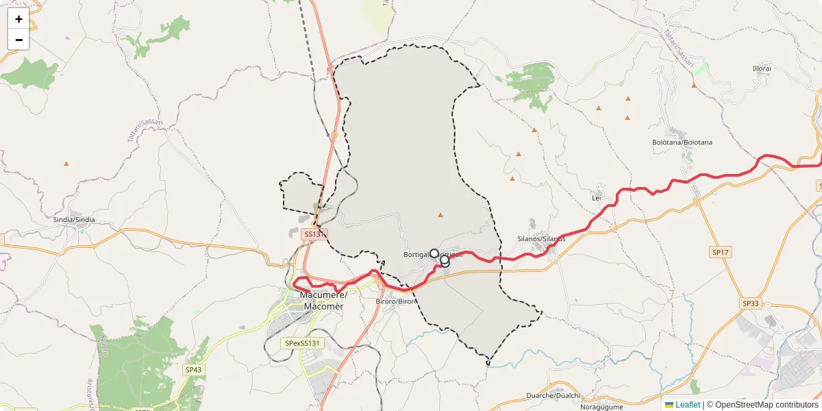 Mappa dettagliata del trasporto pubblico a Bortigale/Bortigali con linee autobus, tram e collegamenti