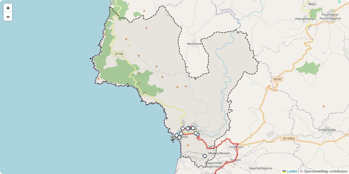Mappa dettagliata del trasporto pubblico a Bosa con linee autobus, tram e collegamenti