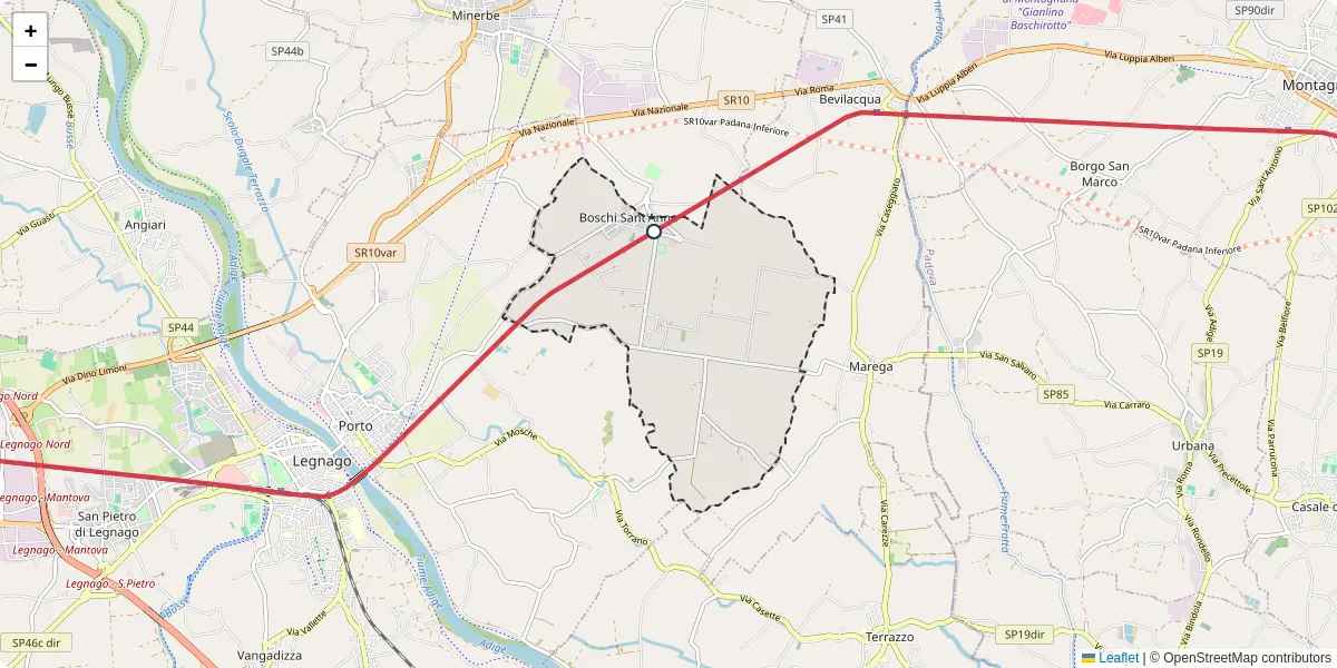 Mappa dettagliata del trasporto pubblico a Boschi Sant'Anna con linee autobus, tram e collegamenti