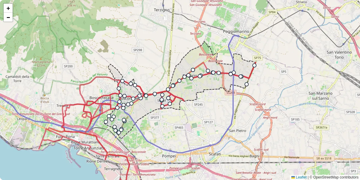 Mappa dettagliata del trasporto pubblico a Boscoreale con linee autobus, tram e collegamenti