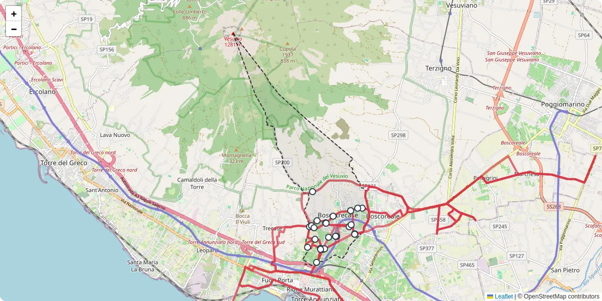 Mappa dettagliata del trasporto pubblico a Boscotrecase con linee autobus, tram e collegamenti