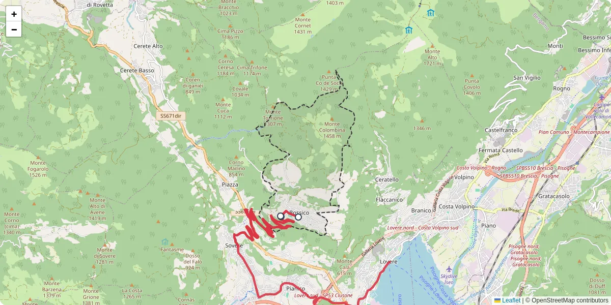 Mappa dettagliata del trasporto pubblico a Bossico con linee autobus, tram e collegamenti