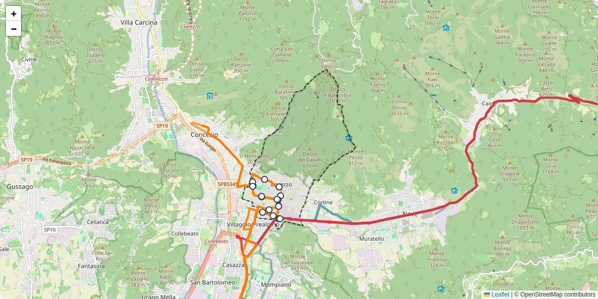 Mappa dettagliata del trasporto pubblico a Bovezzo con linee autobus, tram e collegamenti