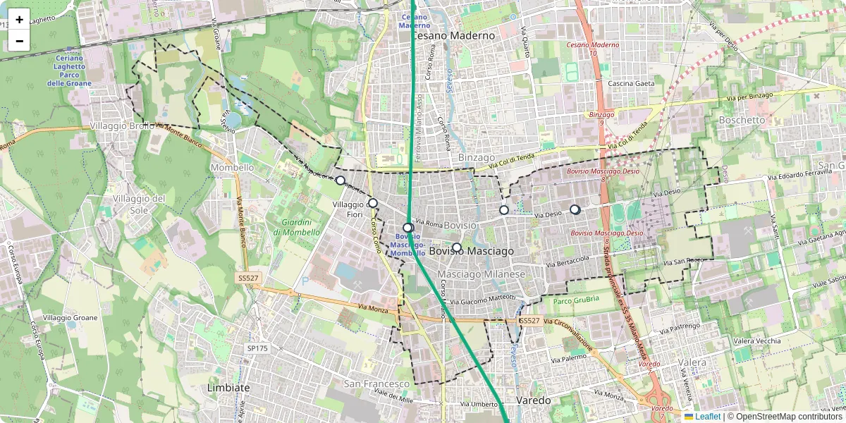 Mappa dettagliata del trasporto pubblico a Bovisio Masciago con linee autobus, tram e collegamenti